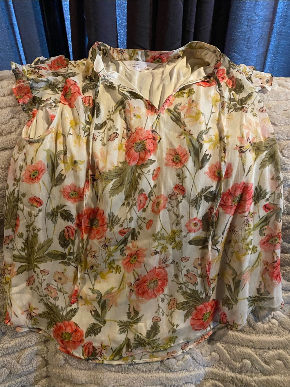 LC Lauren Conrad Cream Floral Ruffle Blouse with Coral & Olive Accents